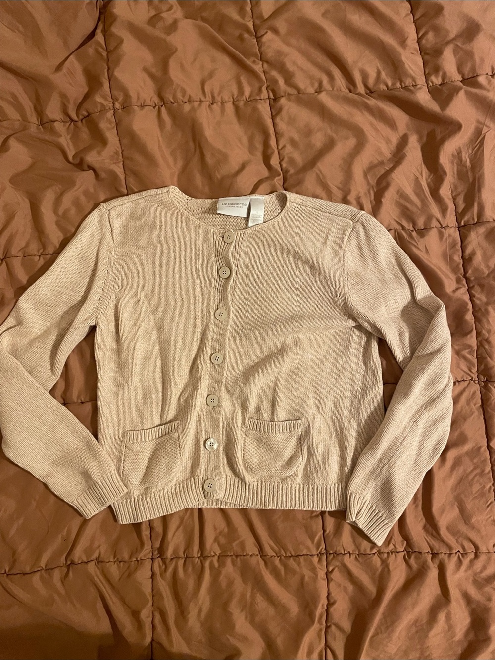 Liz Claiborne Beige Crewneck Button Cardigan
